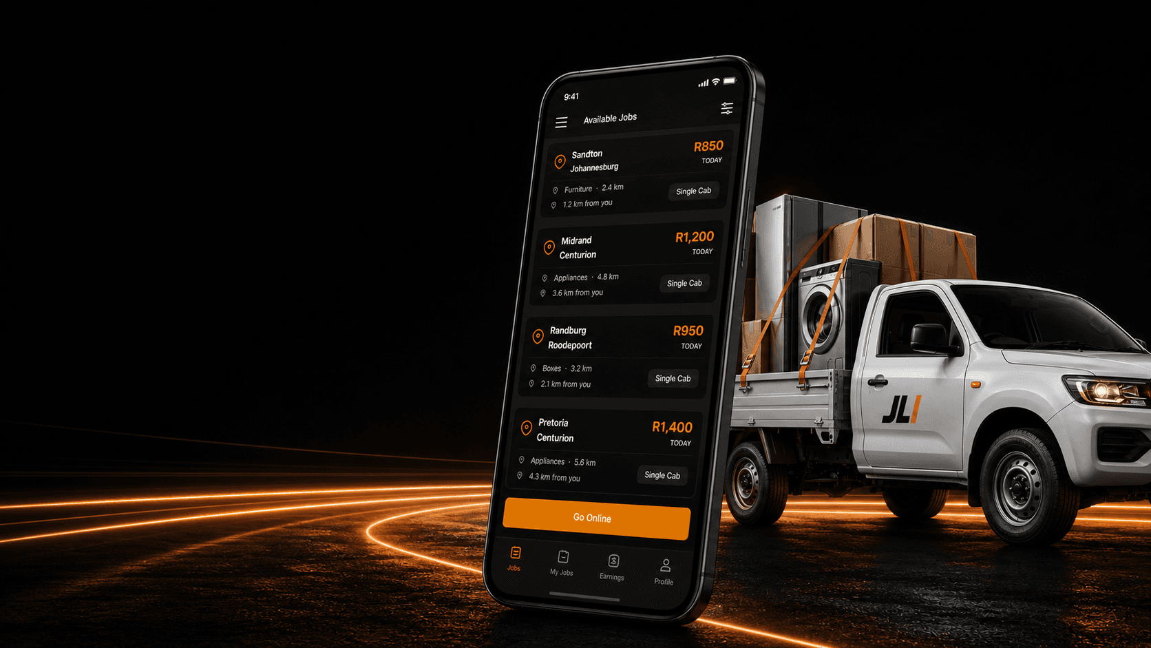 Driver jobs app beside a loaded Just Load It bakkie